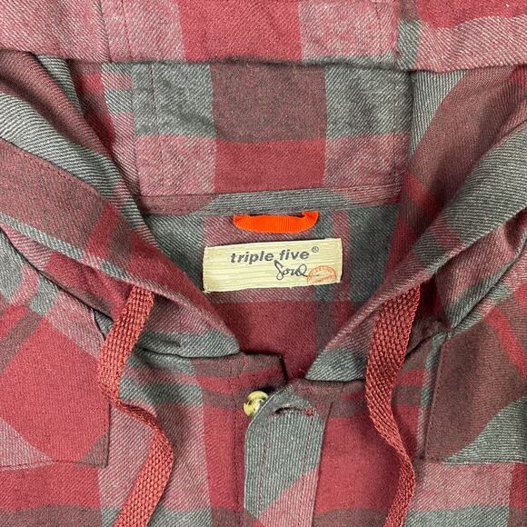 Triple Five Soul Mens L Hooded Shirt Long Sleeve Button Up Red Grey Plaid - Picture 8 of 9